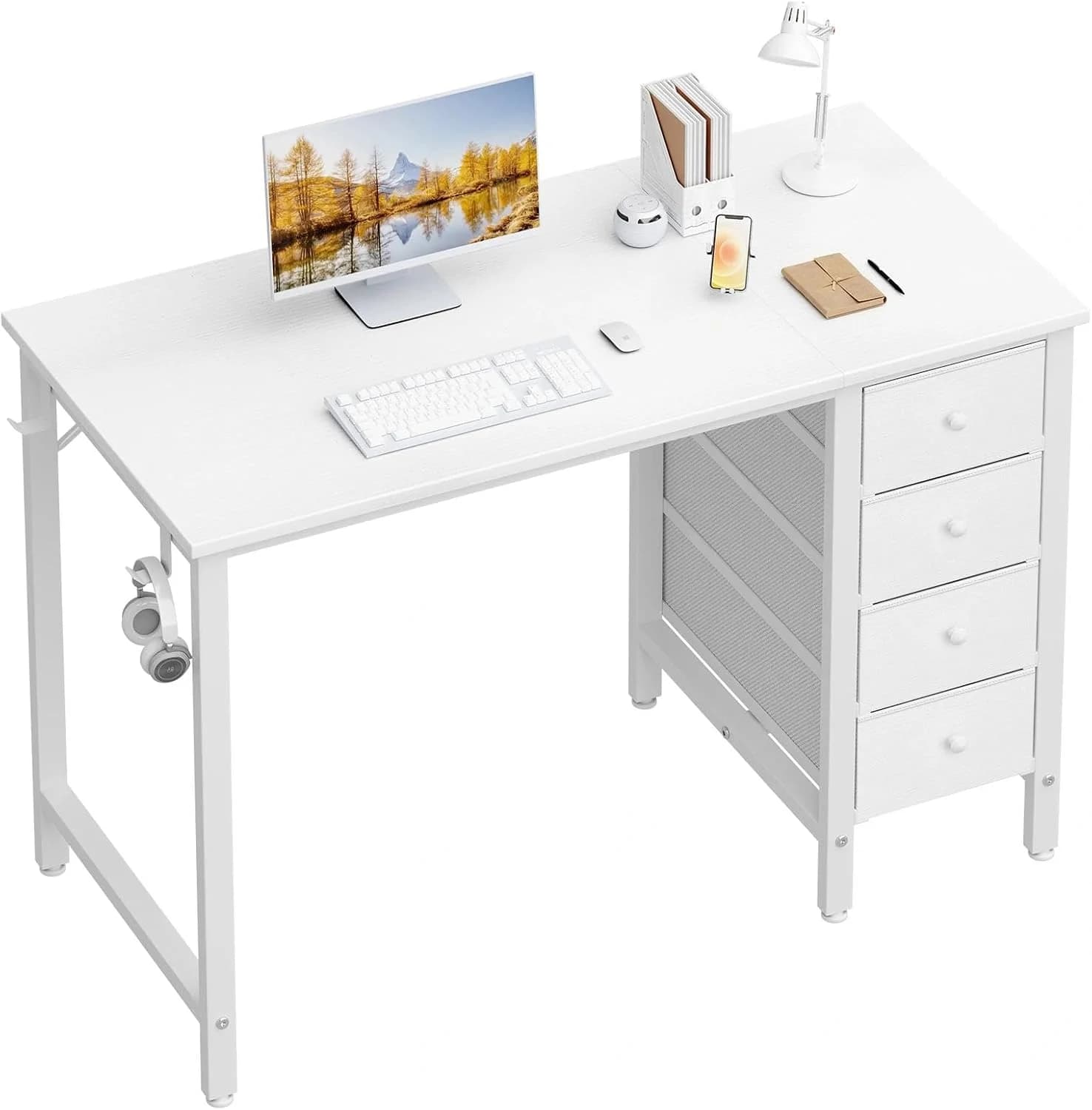 Lufeiya Small White Desk with Drawers for Bedroom, 40 Inch Kids Girls Study Desks, Reversible Computer Writing Nail Tabl