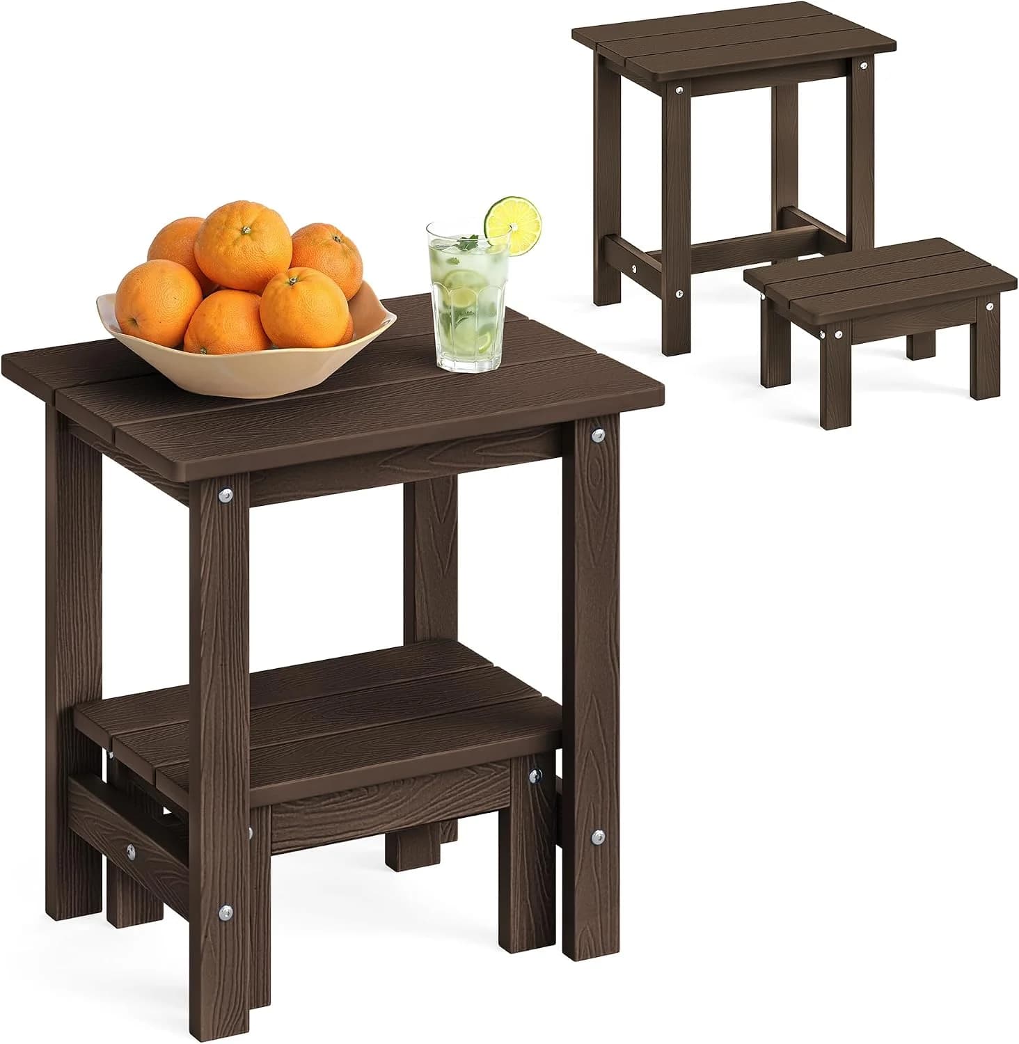 LUE BONA Outdoor Side Table,2-Tier Nesting HDPS Patio Side Table,Dark Brown