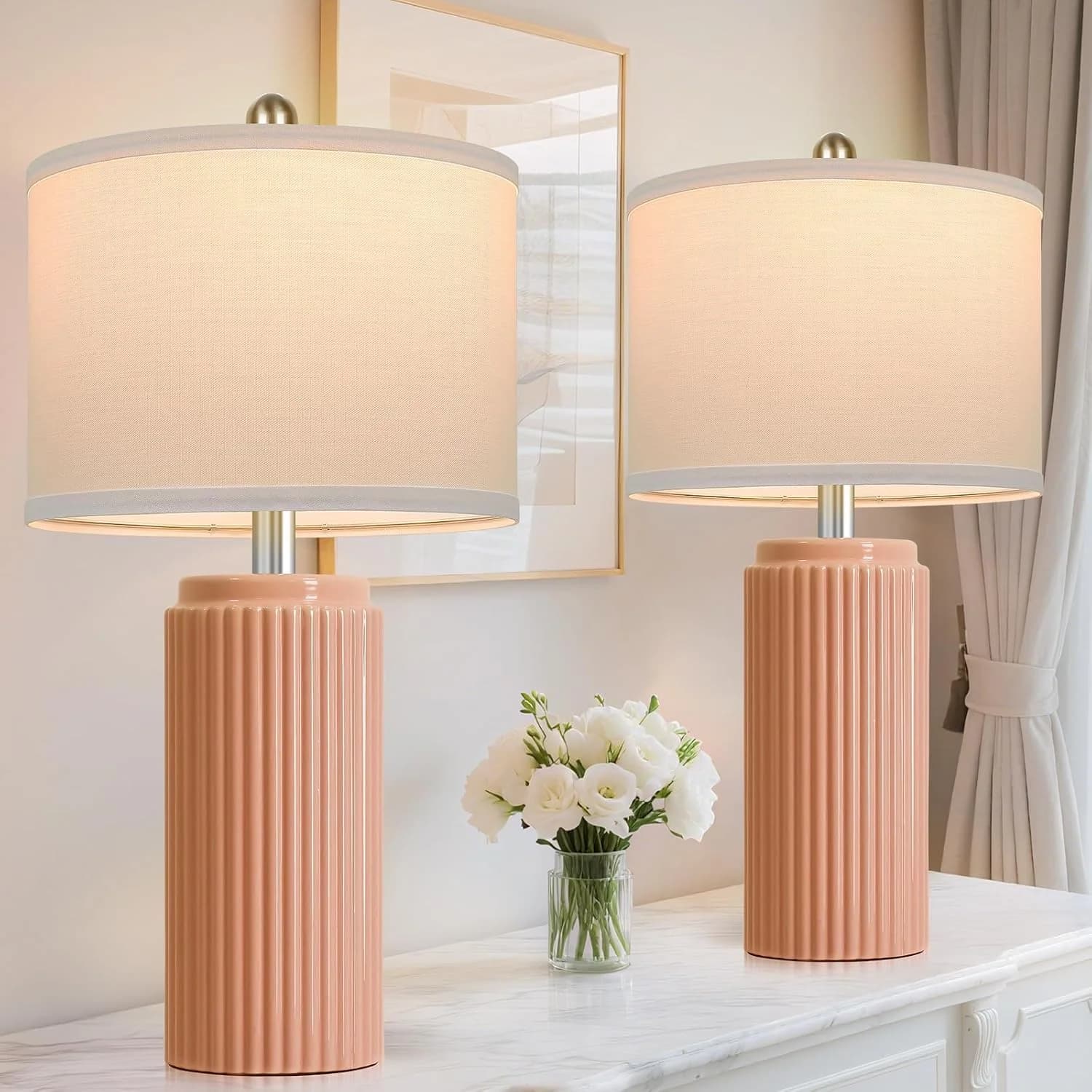 23.5’’ Orange Table Lamps for Bedroom Set of 2, Modern Ceramic Nightstand Lamps for Living Room, Retro Lamps with White