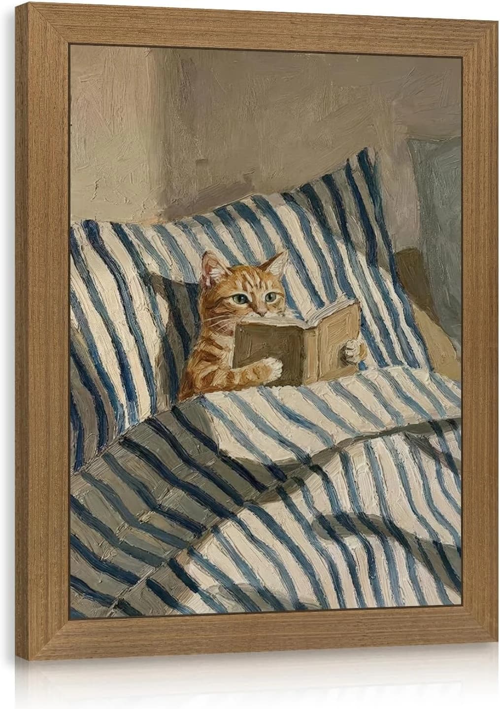 Cyebmo Funny Tabby Cat Wall Art, Whimsical Cat Reading Book Wall Decor, Cozy Book Lover Animal Poster Print, Minimalist