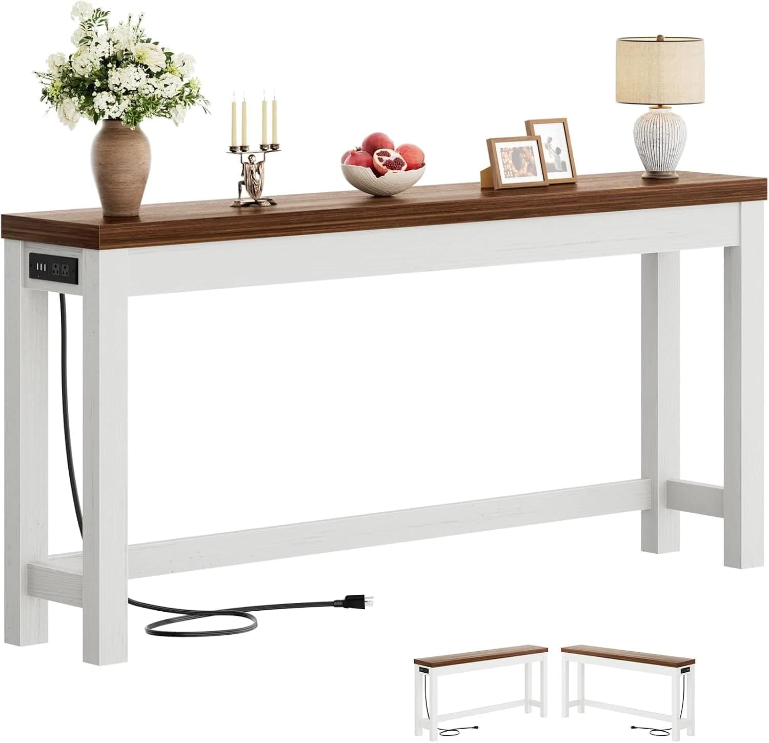 Cyclysio 63" Console Table with 2 AC Outlets & 3 USB Ports, Rustic Oak