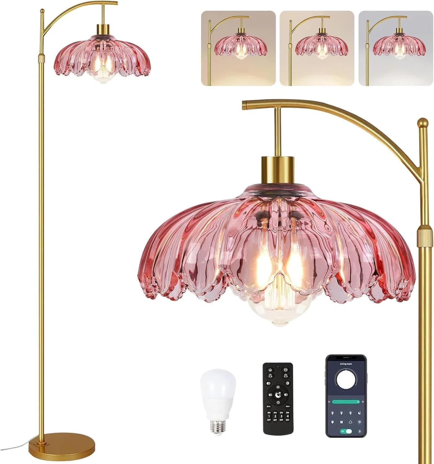 Pink Floor Lamp for Living Room,Bedroom,Glass Mid Century Modern Standing Lamp with Remote,Dimmable Gold Tall Lamp Vinta
