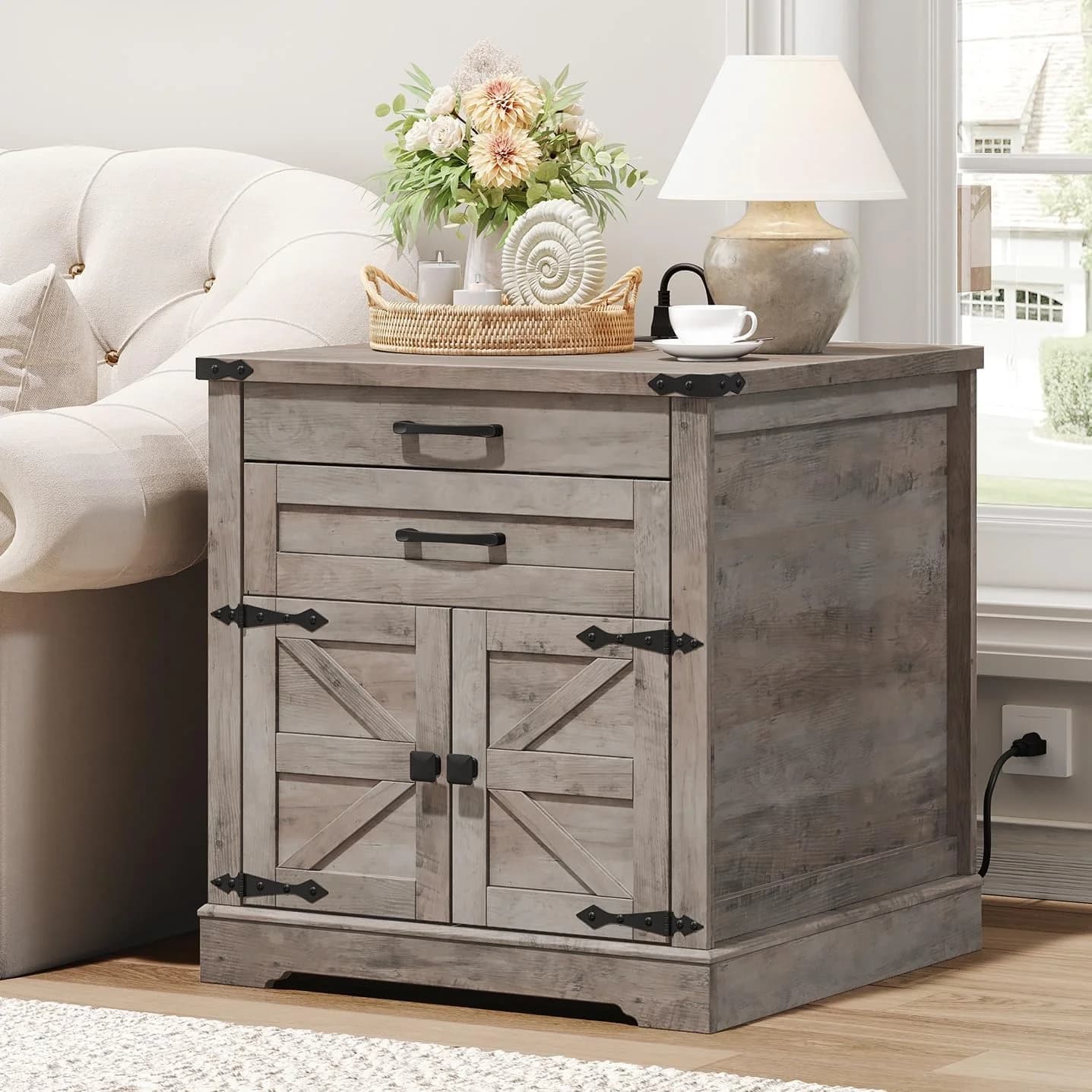 RALGEND Farmhouse End Table with Charging Station, 24'' Sofa Side Table with 2 Drawers and Barn Door, Large Rustic Woode