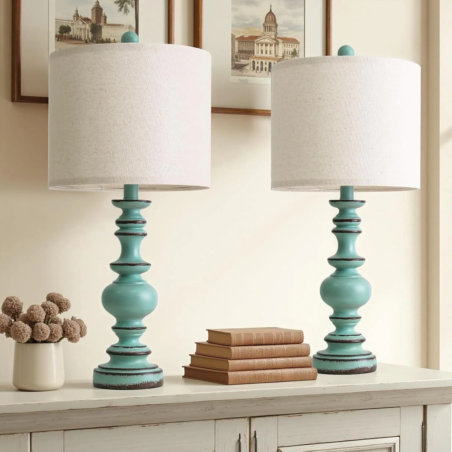 BOBOMOMO 24" Farmhouse Table Lamps Set of 2 – Distressed Teal Lamps with Linen Shades, Cottage Style Bedside Lamps for B
