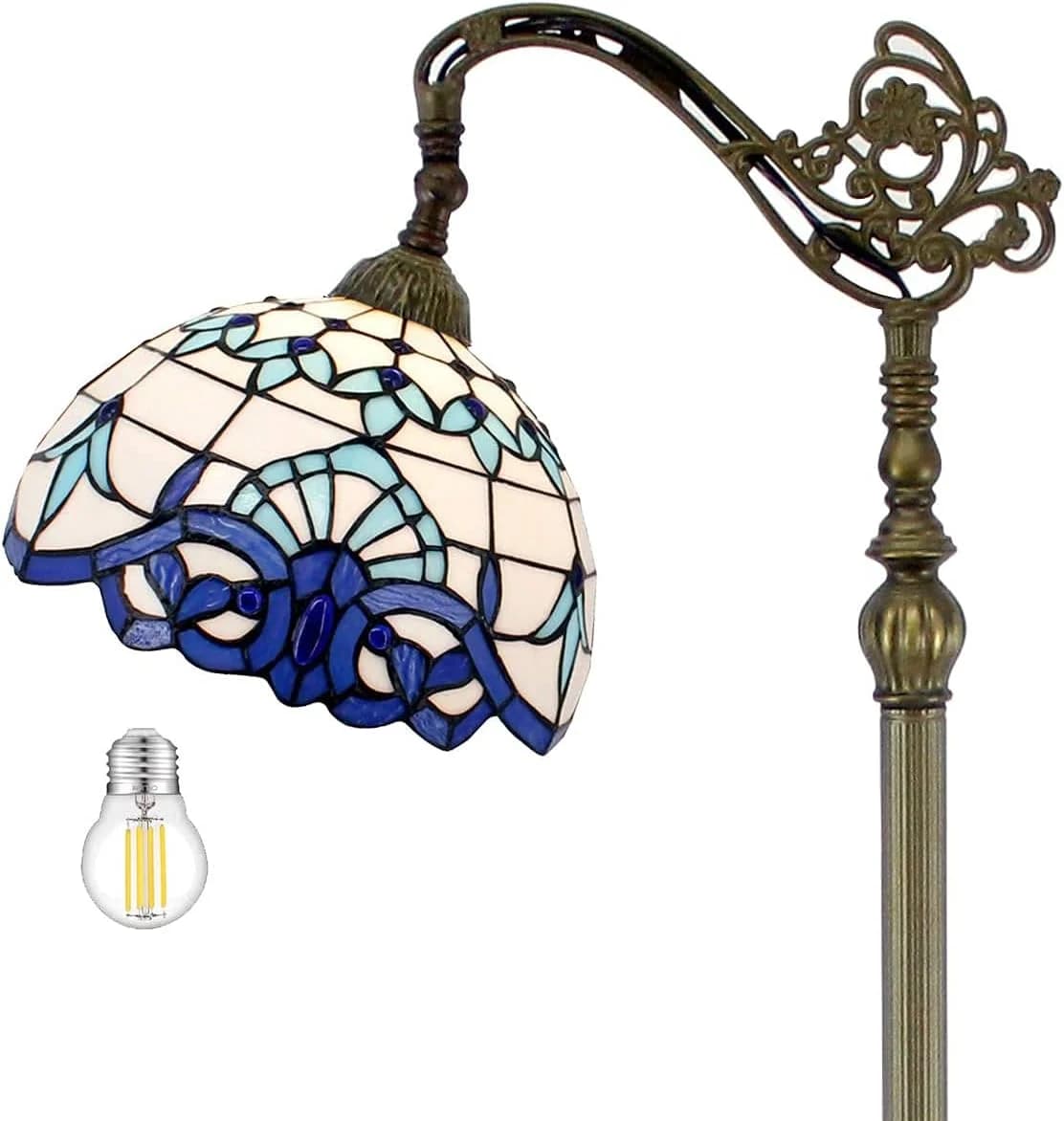 WERFACTORY Tiffany Floor Lamp Navy Blue White Stained Glass Arched Lamp