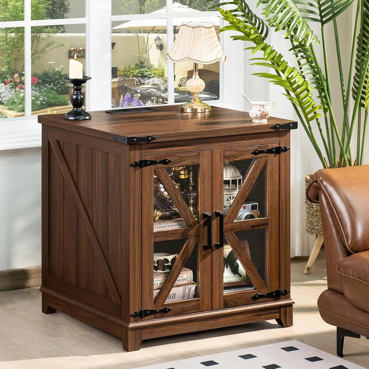 Joaxswe Farmhouse End Table for Living Room, Charger Station