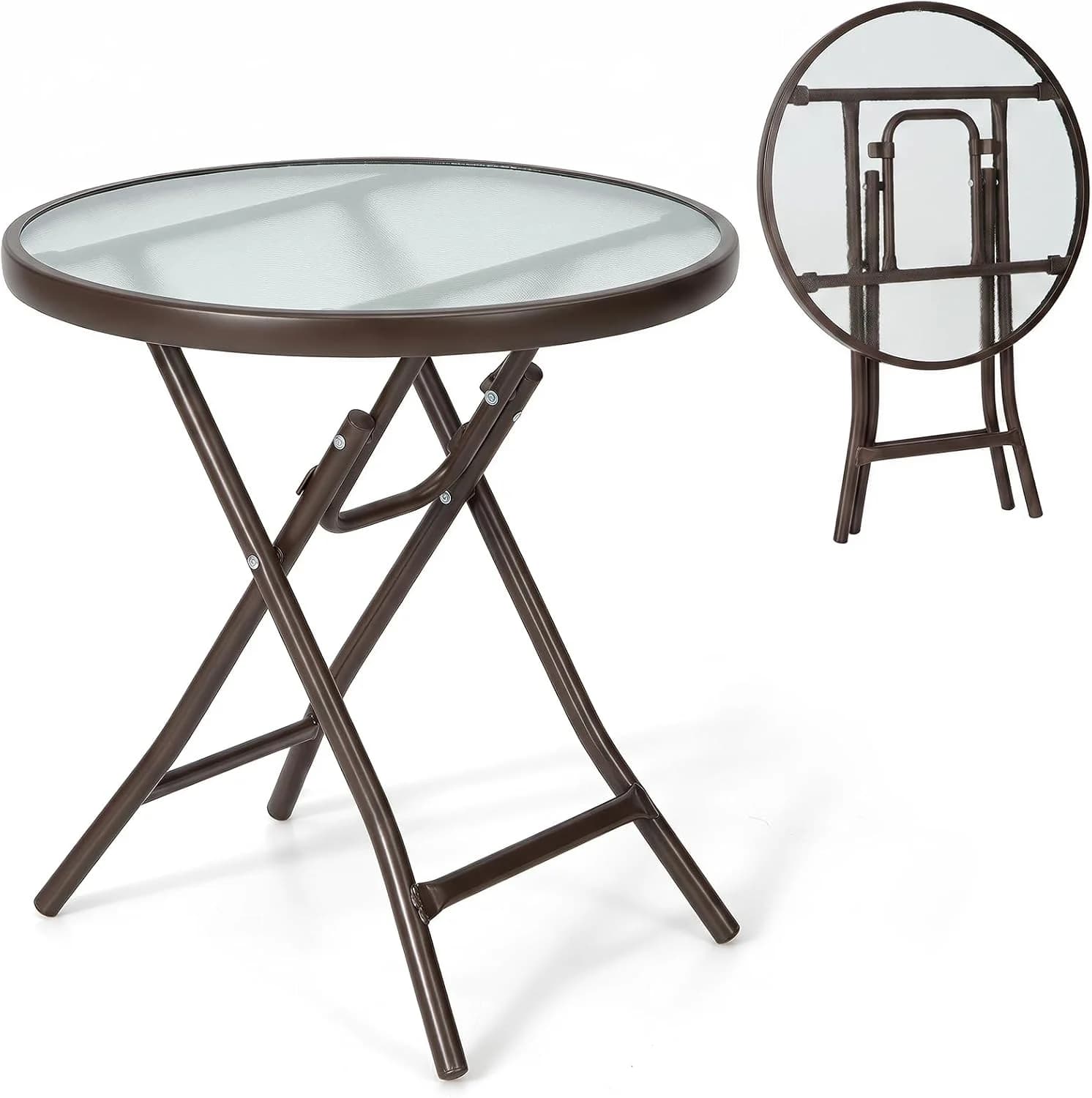 HAPPYGRILL Outdoor Side Table Set of 2, Folding Patio Table Glass Tabletop