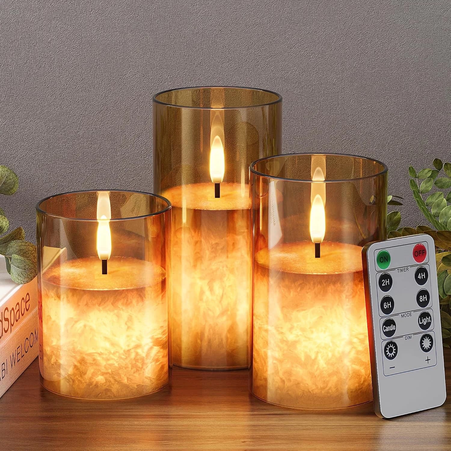 Battery Operated Flameless Candles with Remote & Timer, Gold Glass 3Pack