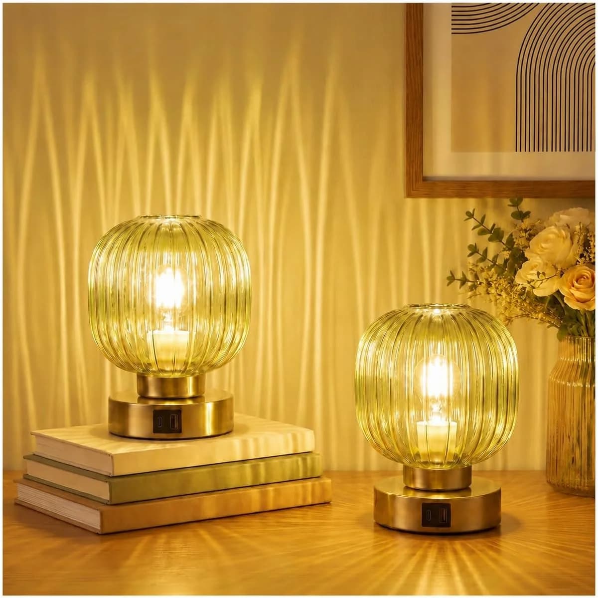 Elenhome Touch Table Lamp Set of 2, 3-Way Dimmable with Glass Shade, USB-C+A Charging Ports, Mid-Century Modern Small Be