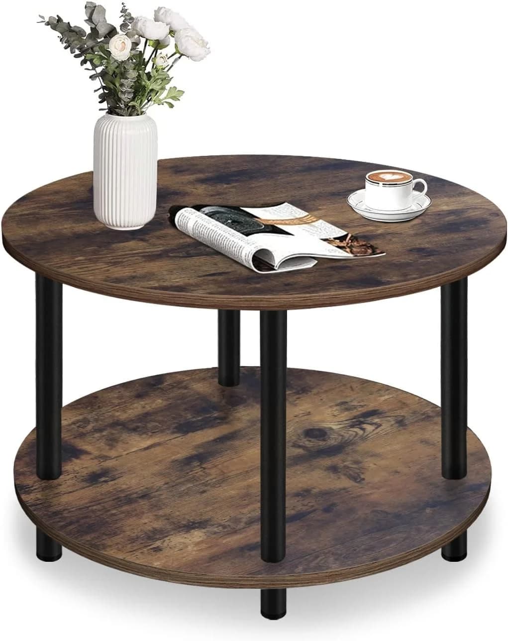 Small Round Coffee Table for Small Space, 23.5" 2-Tier Rustic Brown Wooden Coffee Table with Open Storage for Living Roo