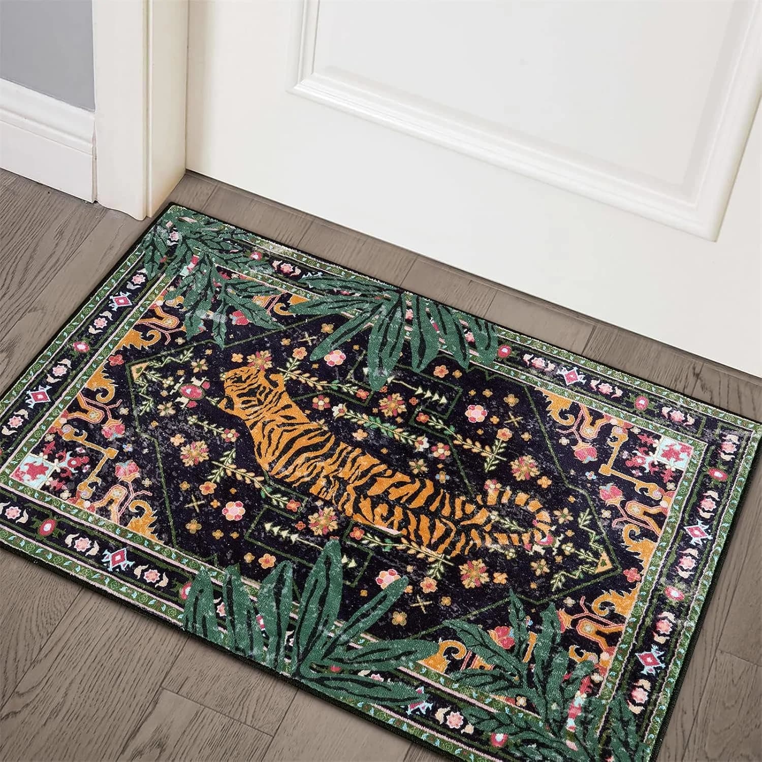 Oriental Tropical Entryway Rugs Washable, Thin Black Boho Vintage Distressed Hippie 2x3 Throw Rugs for Bathroom Kitchen