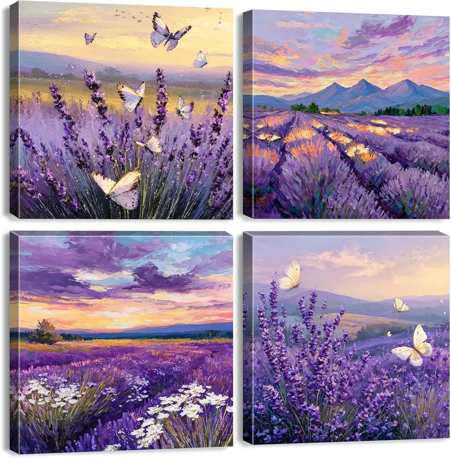 Purple Lavender Wall Art Bedroom Wall Decor Abstract Butterfly Scenery Pictures for Living Room Watercolor Sunset Forest