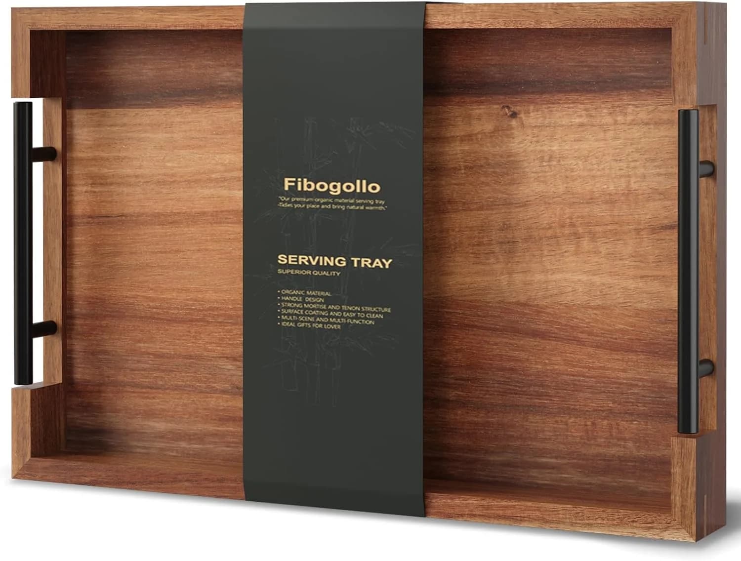 Fibogollo Acacia Wood Serving Tray with Metal Handles,15x10in Ottoman Decorative Trays Platter for Coffee Table,Living R