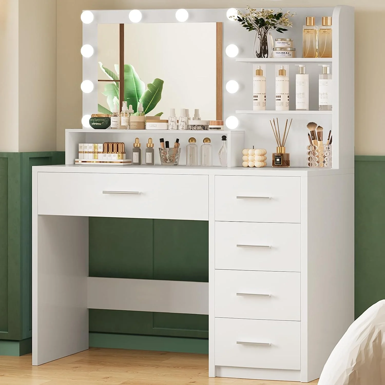Quimoo Vanity Desk with Mirror & Lights, Makeup Vanity with 5 Drawers & Storage Shelves, White Vanity Table, 3 Color Mod