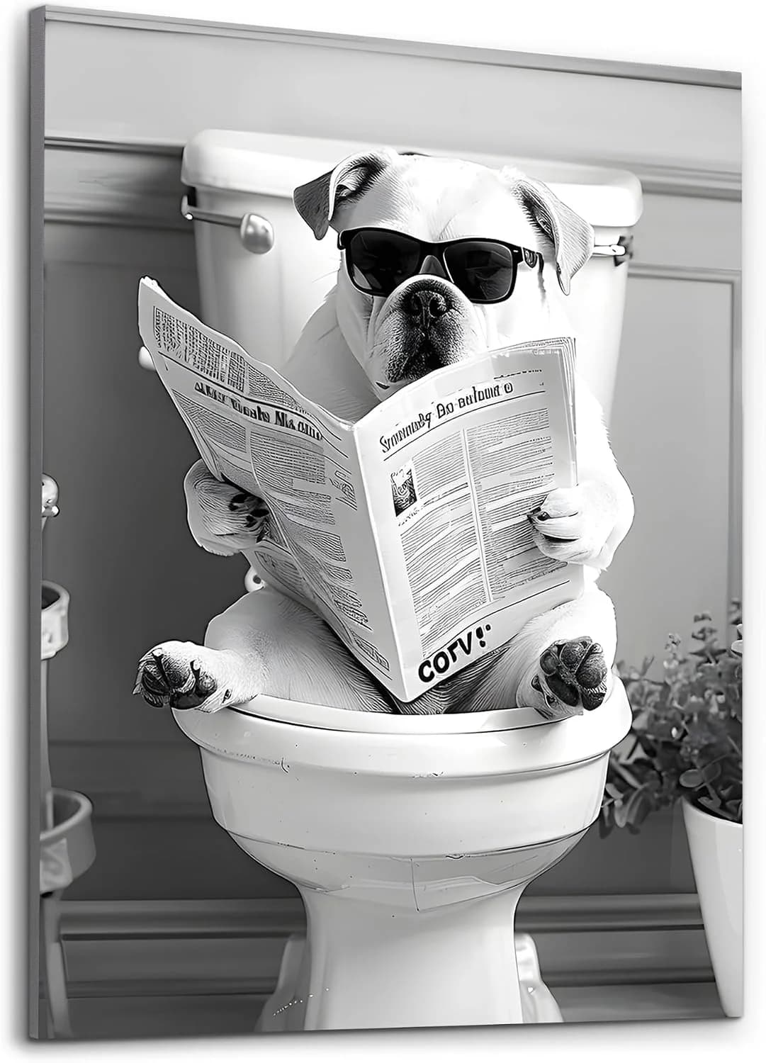 Deveosa Funny Bathroom Wall Art - Dog On Toilet Unique Cool Black And White Artwork For Restroom Paintings Animal Canvas