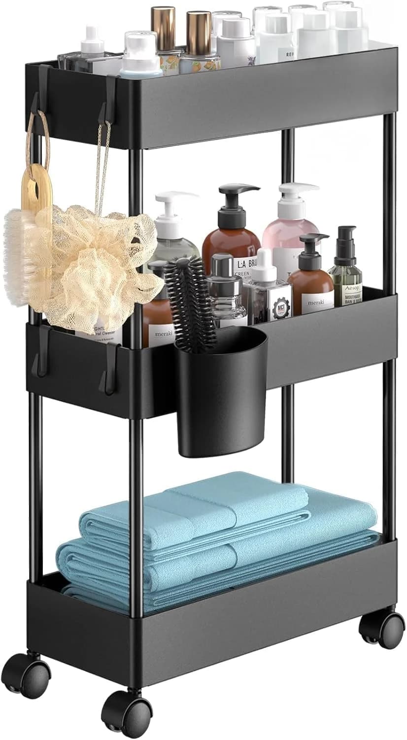 Pipishell 3 Tier Bathroom Storage Cart, Slim Storage Cart with Wheels,Black