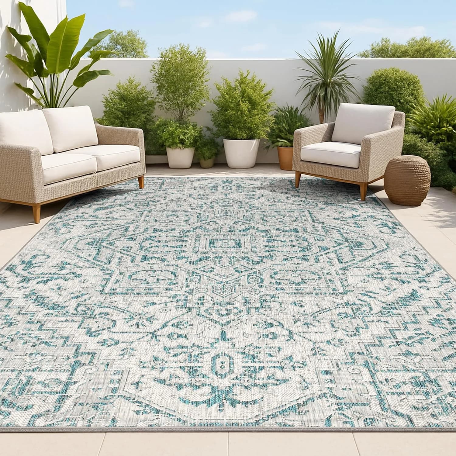 JONATHAN Y Boho Medallion Indoor Outdoor Area Rug 8X10 Teal/Gray, Estrella Textured Weave for Backyard, Patio, Porch, Ea