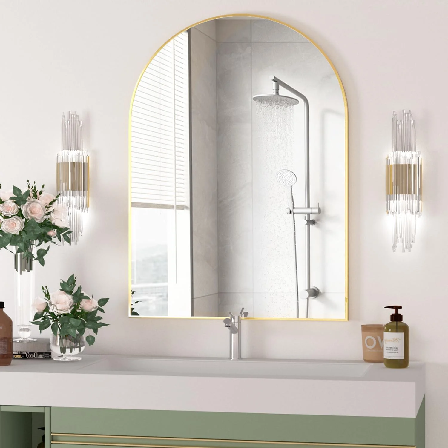 Arched Wall Mirror for Bathroom, 40"x30" Arched Mirror Wall Mounted Mirror with Metal Frame, Gold Vanity Mirror Decor fo
