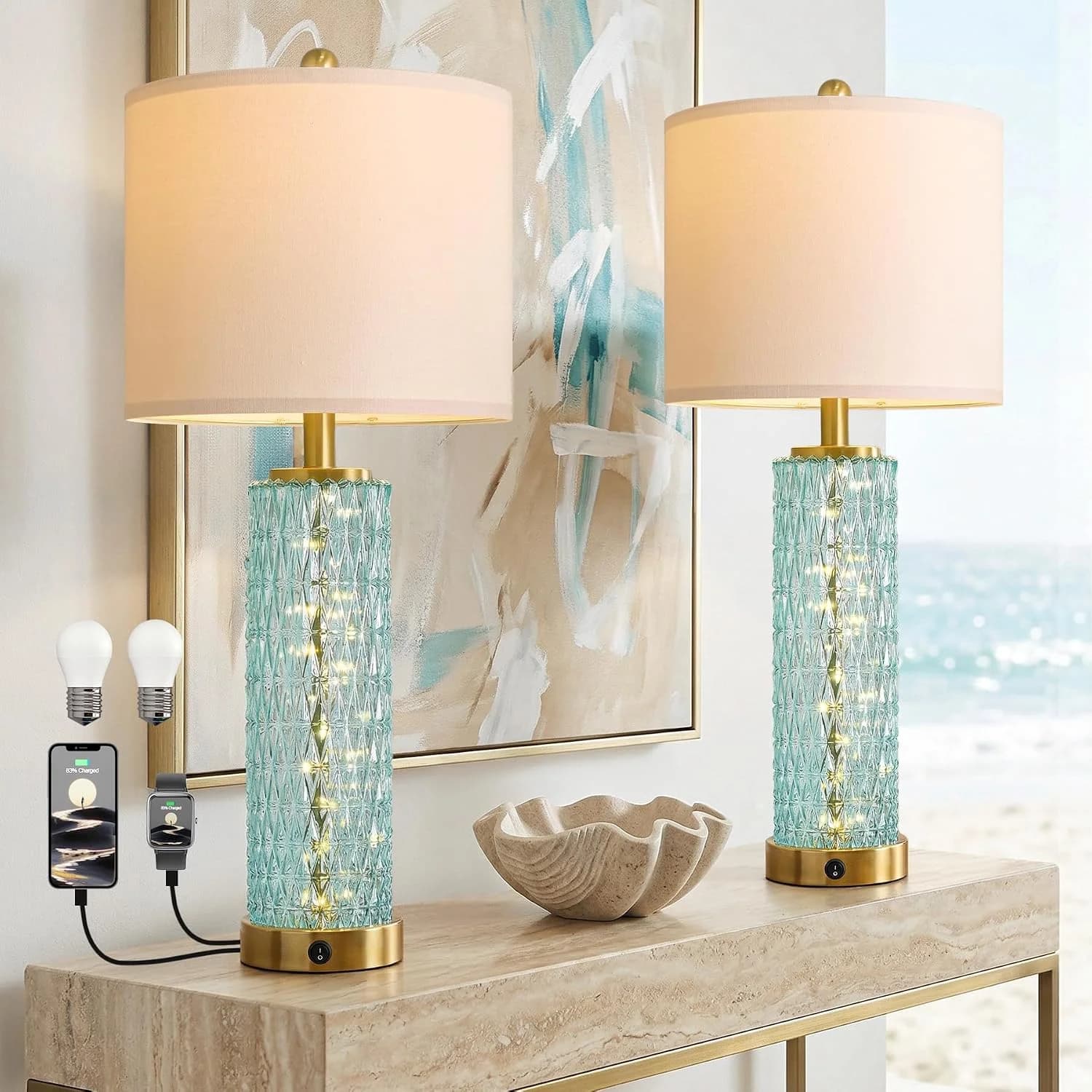 Oneach 27.75" Coastal Table Lamps Set of 2, Clear Blue Bedside Lamp with Glass Nightlight, USB A+C, Unique Desk Lamps fo