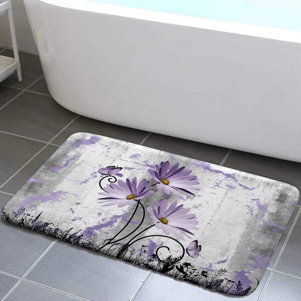 Rustic Farmhouse Bath Rug, Farm Purple Grey Daisy Floral Flowers and Butterfly on Country Wooden Bath Mat, Gray White Vi