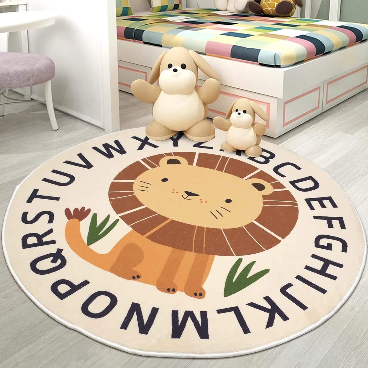Kid Rugs Animal Play Rug 4Ft Large Round Lion Play Mat Soft Alphabet Educational Area Rug Nonslip Circle Baby Crawling M