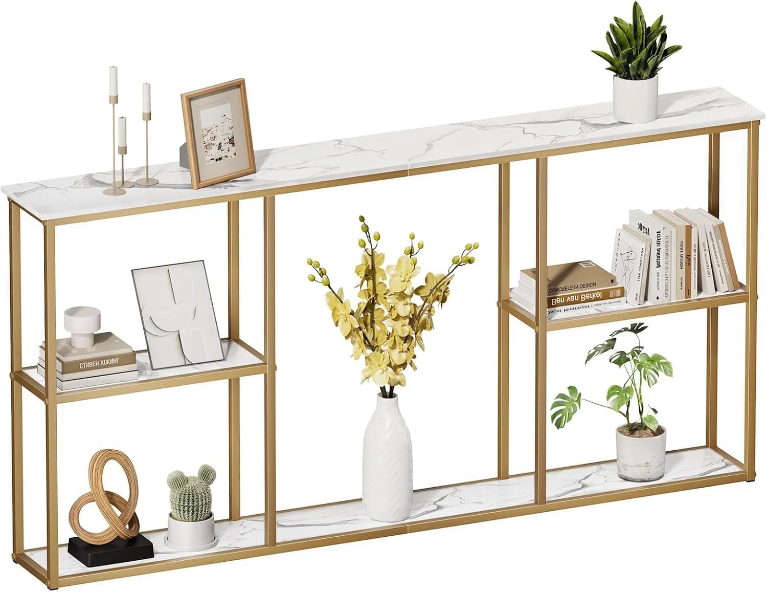 WOHOMO 63 in Entryway Table Modern Sofa Table with Shelves White Gold