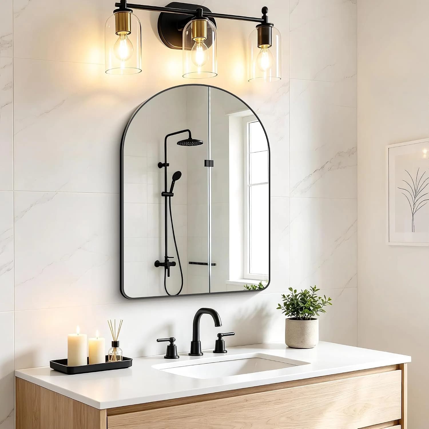 FORBATH Arched Bathroom Mirror 20x28 Inch, Bathroom Mirror Wall Mounted Modern Black Aluminum Alloy Frame Decor Dresser