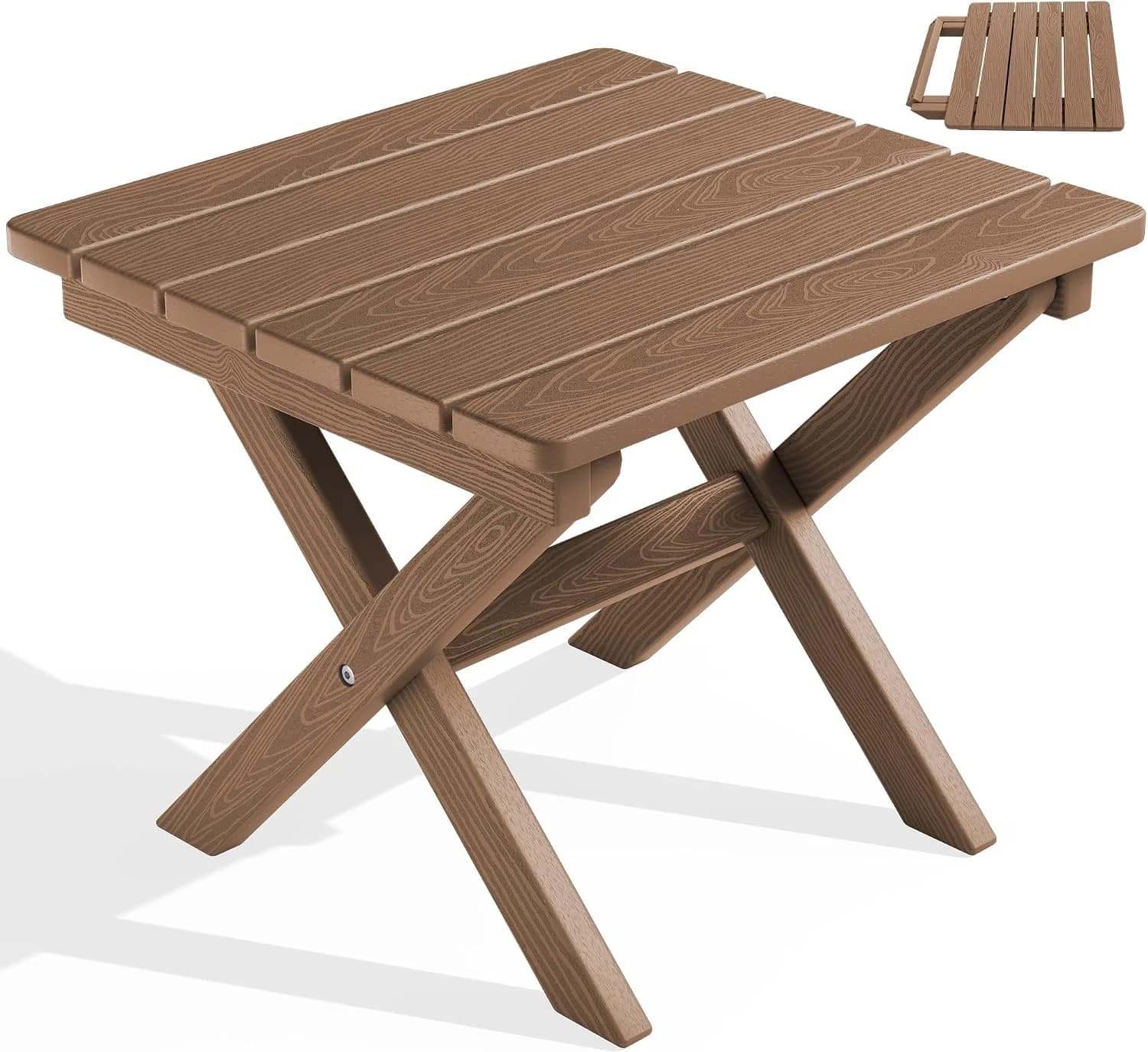 SERWALL Small Folding Side Table, HDPE Outdoor End Table, Brown