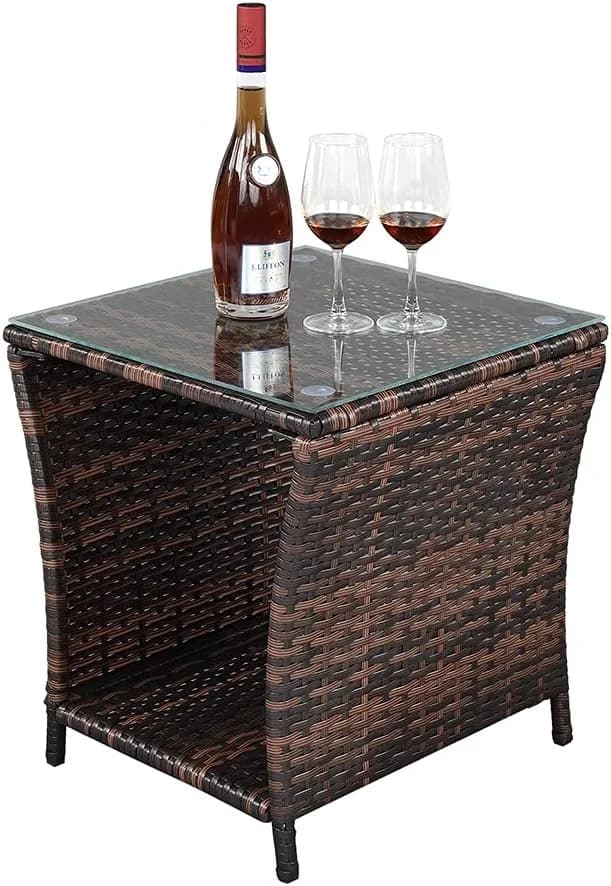 VINGLI Outdoor Wicker Side Table Patio Side Tables for Outside, Tempered Glass Top Wicker Table with Storage End Table f