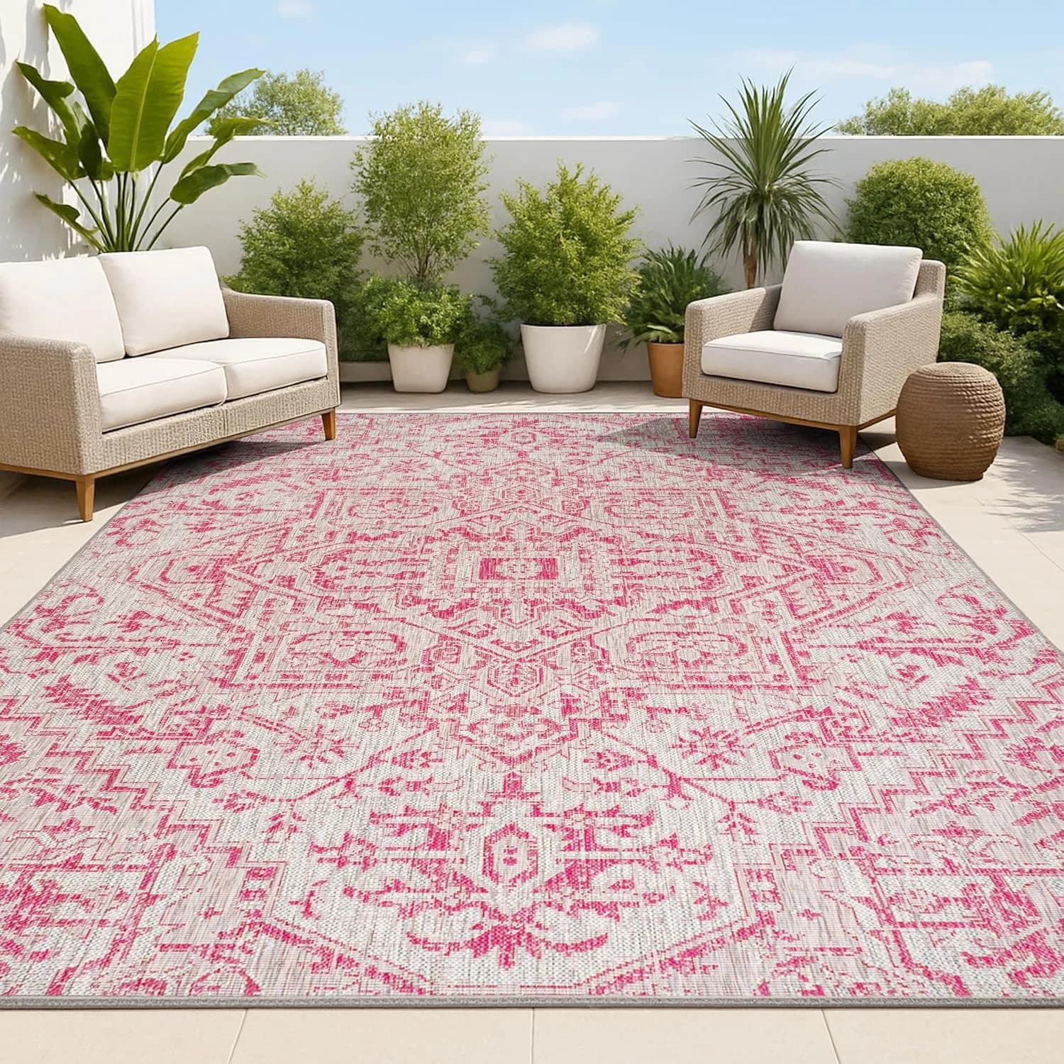 JONATHAN Y Boho Medallion Indoor Outdoor Area Rug 3X5 Light Gray/Fuchsia, Estrella Textured Weave for Backyard, Patio, P