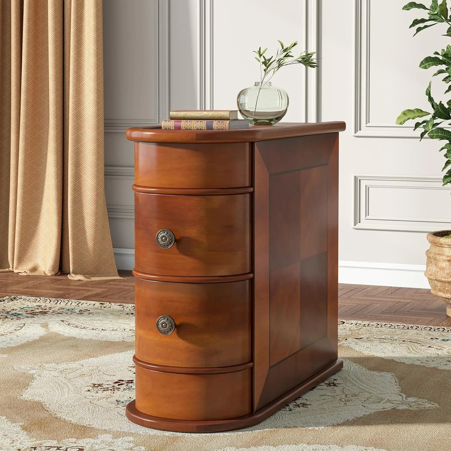 Tribesigns Wood End Table, 2-Drawer Narrow Side Table Slim Chair Solid Side Table, No Assembly Required, Finished Back