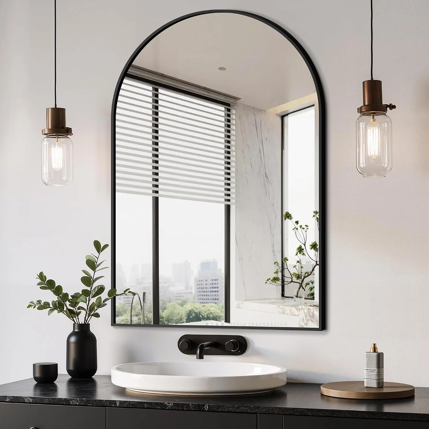 Delma Arched Bathroom Mirror, 24"x36", Black