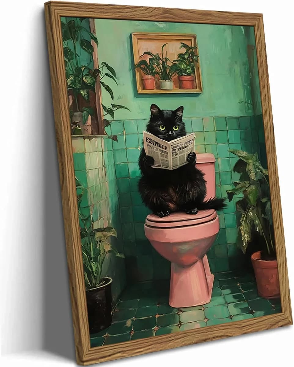 Funny Bathroom Cat Wall Art, Humorous Black Cat Restroom Wall Decor Paintings, Funky Animal on Toilet Reading Newspaper