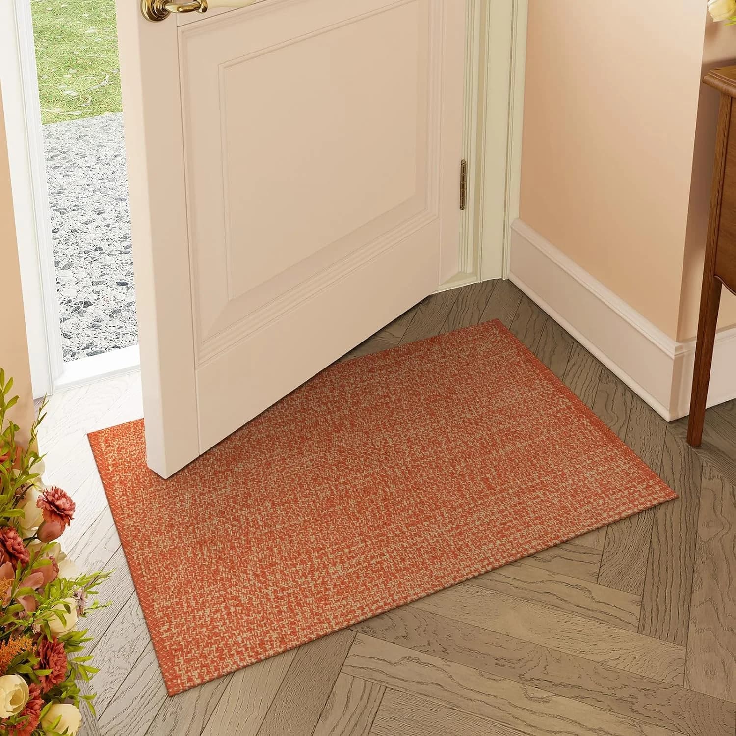 LEEVAN Small Terracotta Bathroom Rug 2x3 Washable Woven Rust Entryway Rug