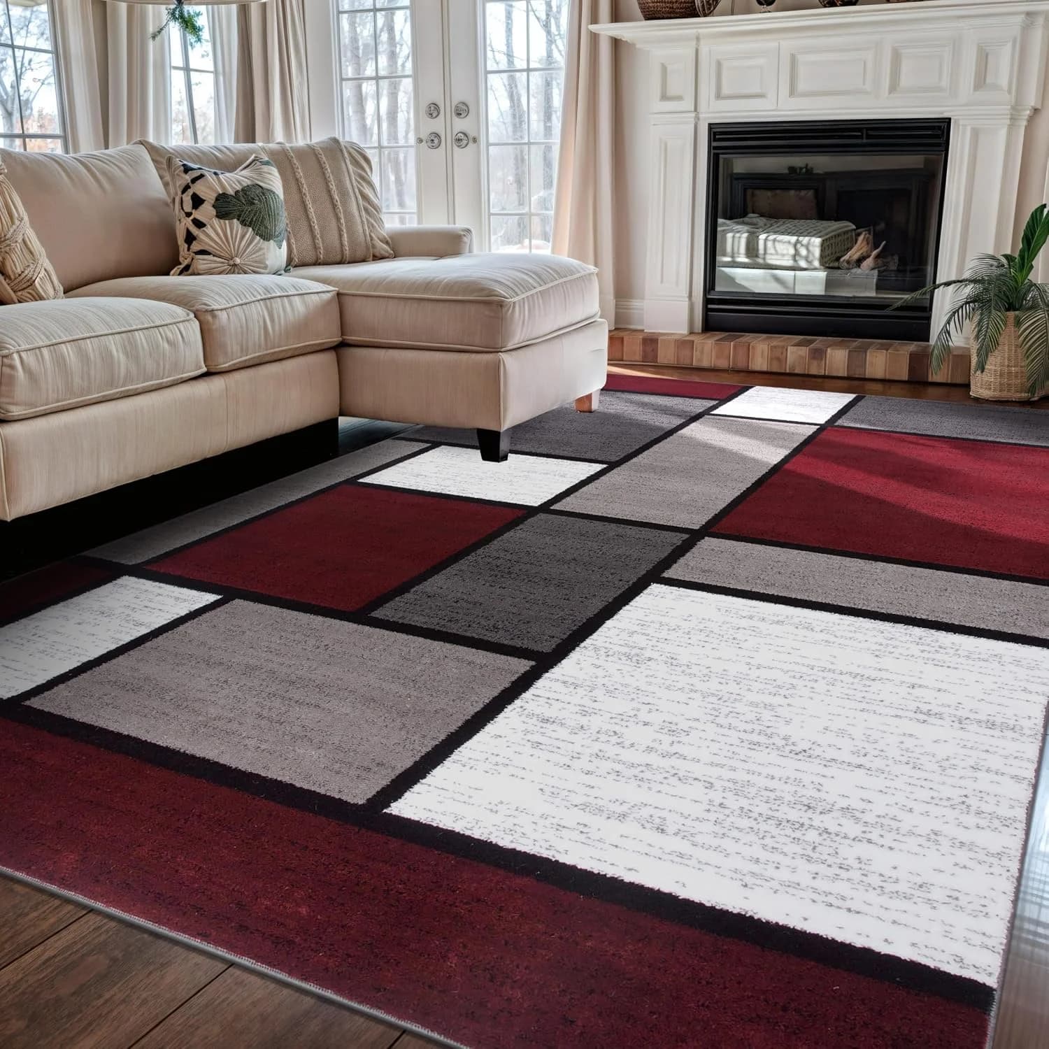 Rugshop Geometric Boxes Modern Non-Shedding Area Rug Red 5'3" x 7'3"