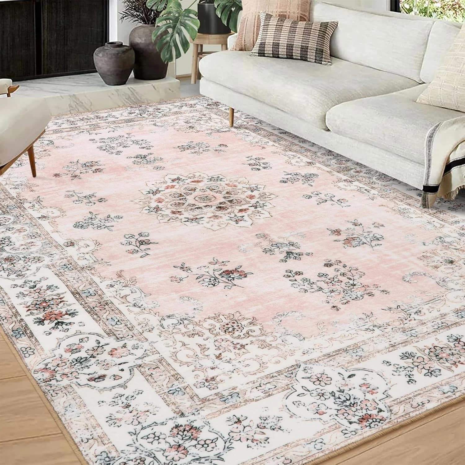 Lahome Washable 8x10 Living Room Rug, Soft Pink Floral Area Rugs for Girl Bedroom Dinning Room Office, Non-Slip Stain Re