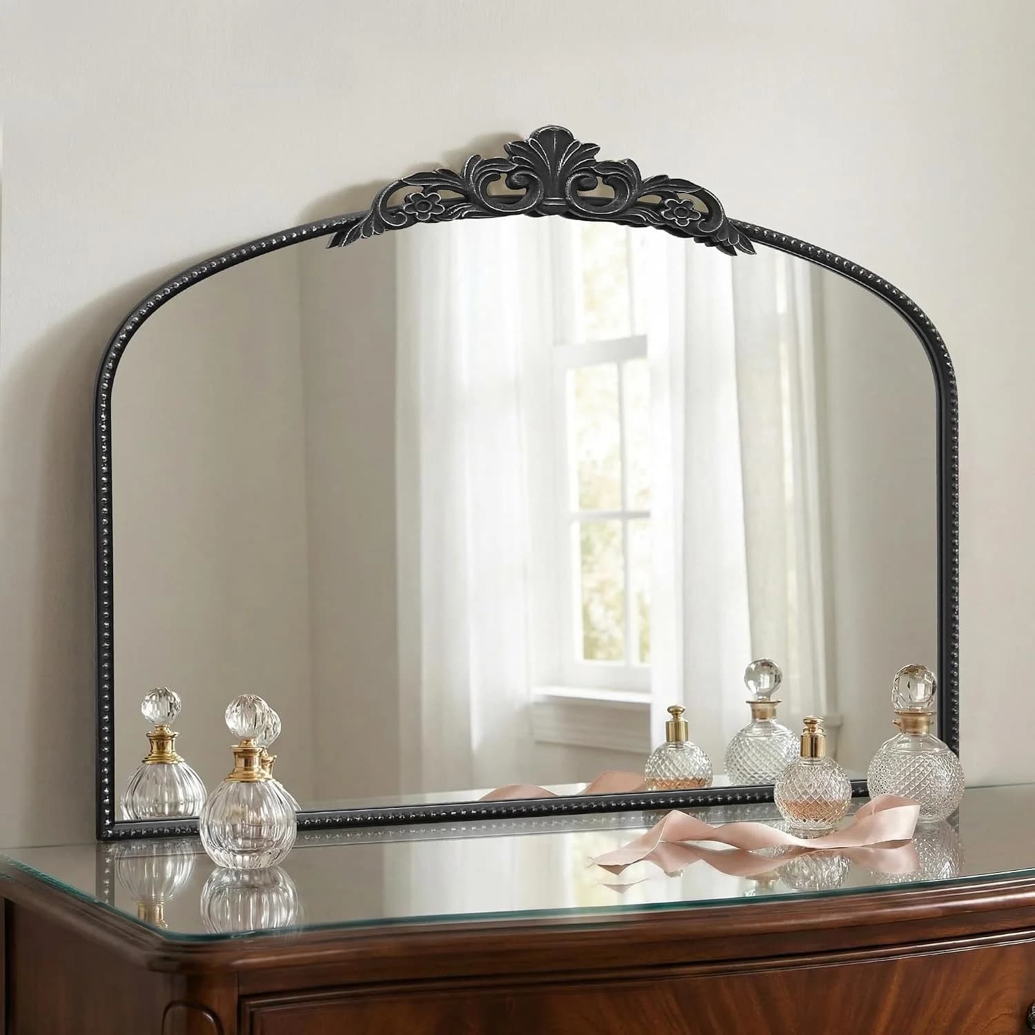 Micasso Vintage Black Arched Mirror: 32"x24" Baroque Antique Vanity Mirror