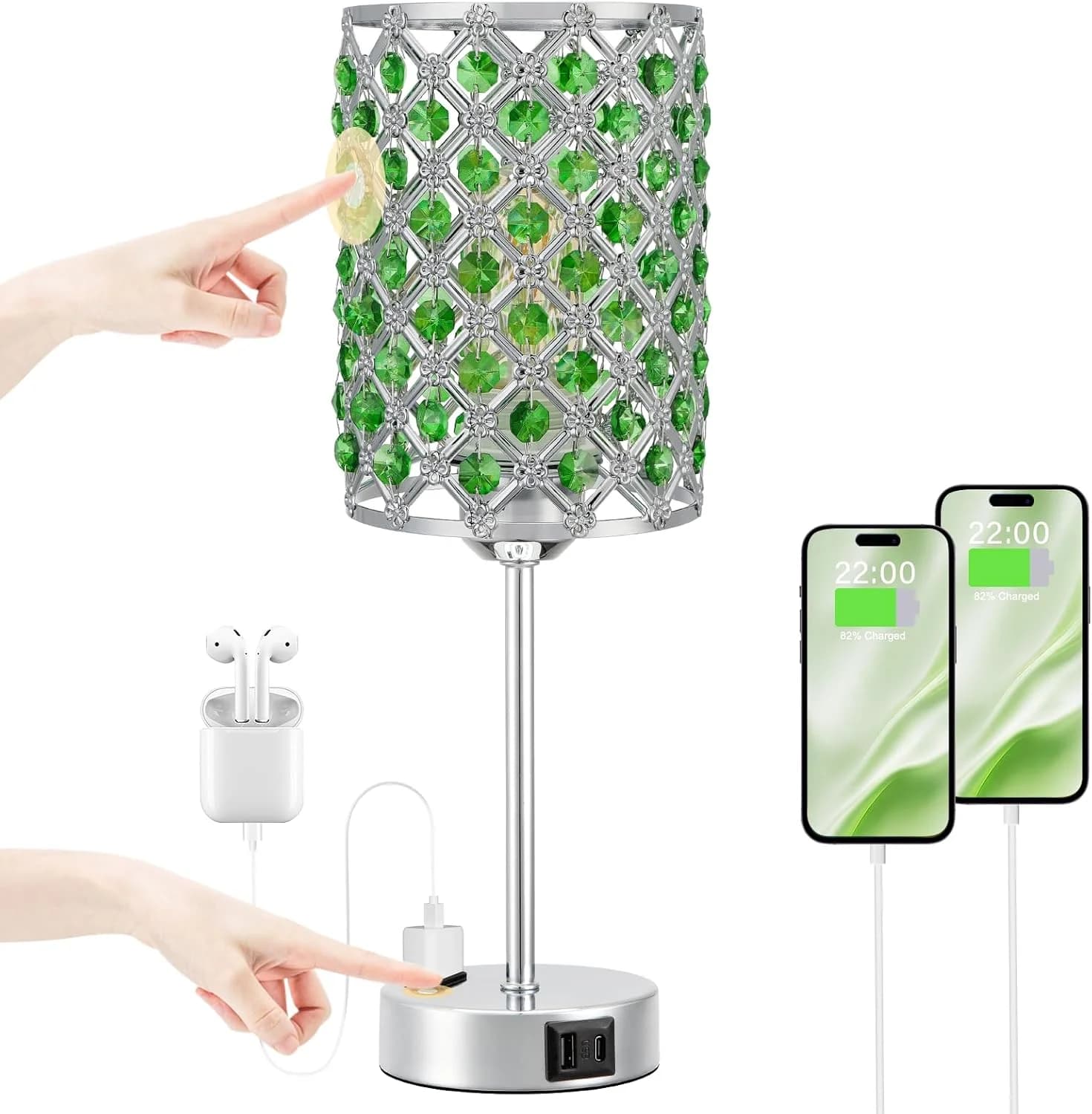 Crystal Lamp for Night Stands, Green Table Lamp for Bedroom, Bulb Included