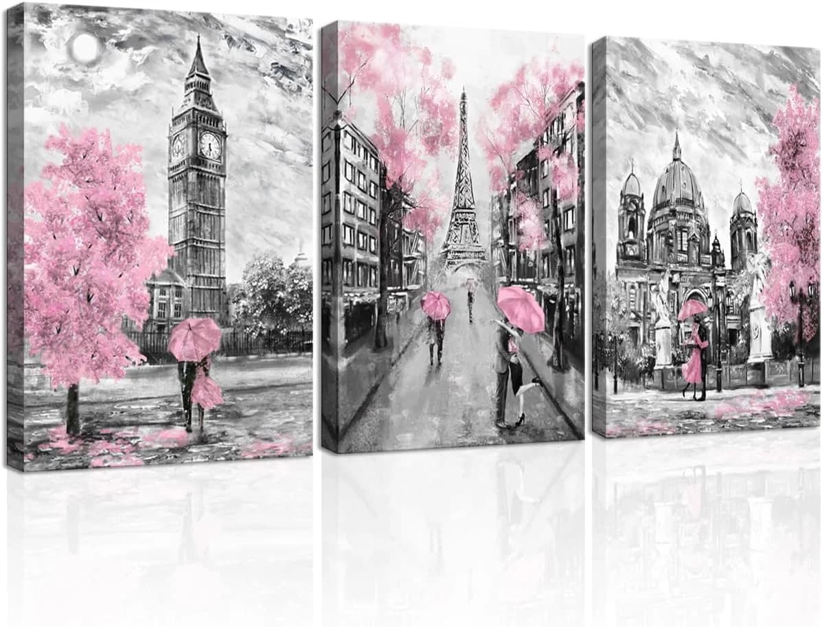 Black and White Canvas Wall Art for Living Room Bedroom Bathroom Girls Pink Paris Theme Room Decor Oil Painting Print Lo