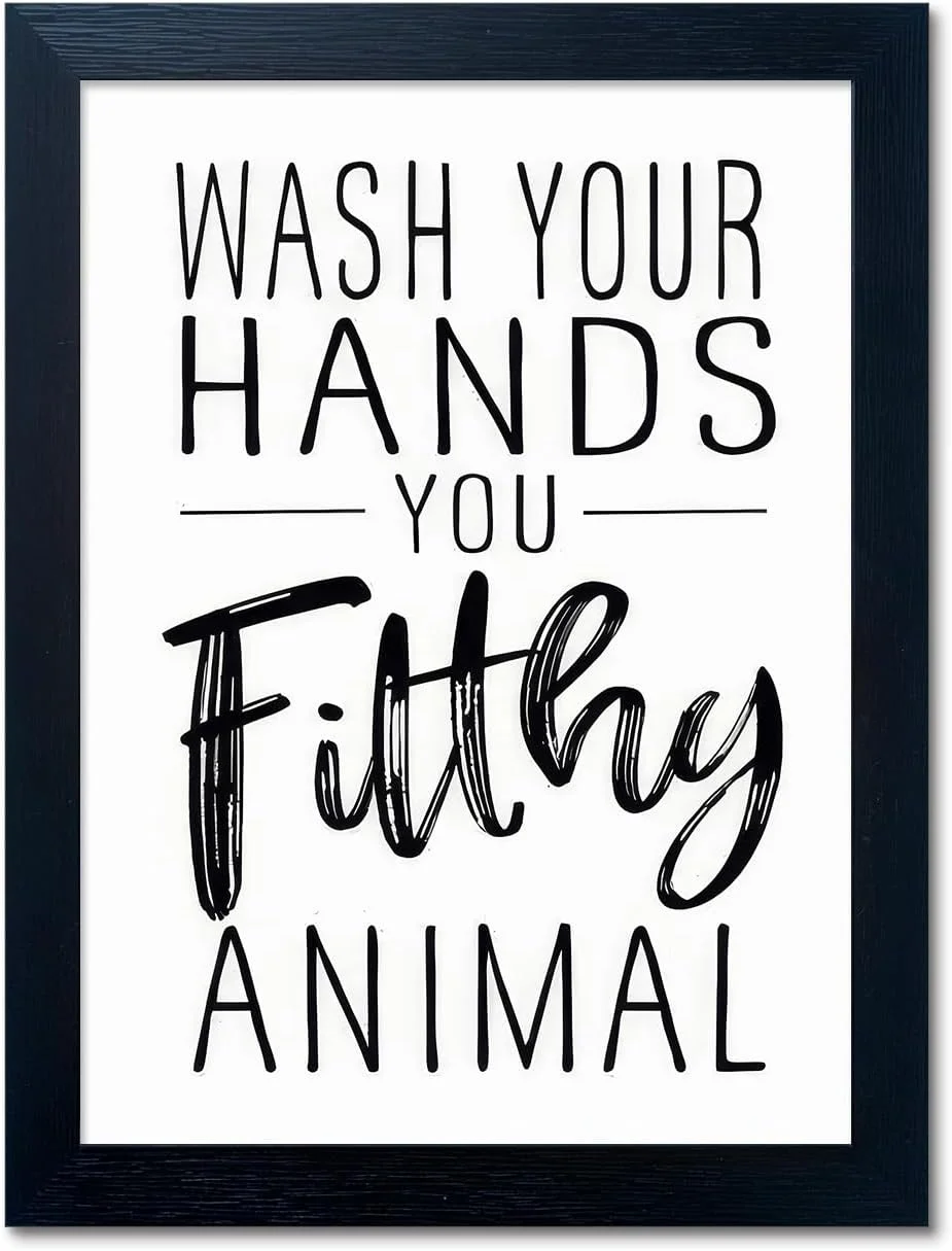 Bathroom Quotes Wall Decor, Black and White Bathroom Wall Art, Toilet Decor Signs Small Black Framed Canvas Art for Kid'