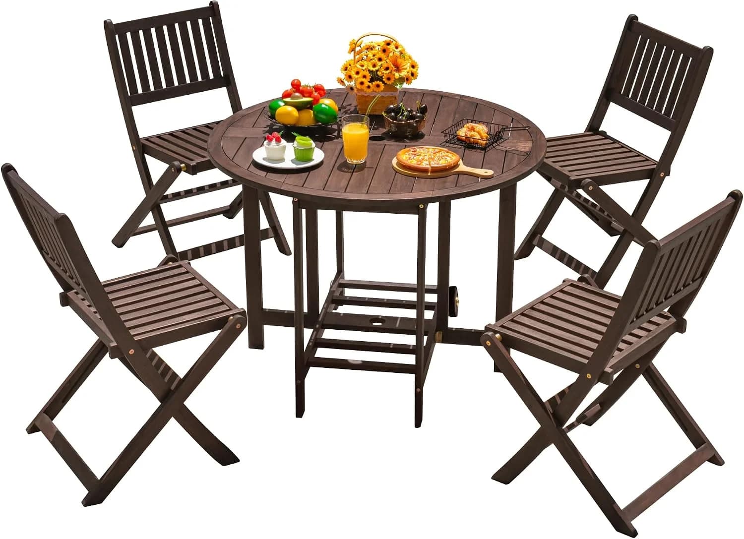 Devoko Acacia Wood Outdoor Patio Folding Table and Chairs Set for 4