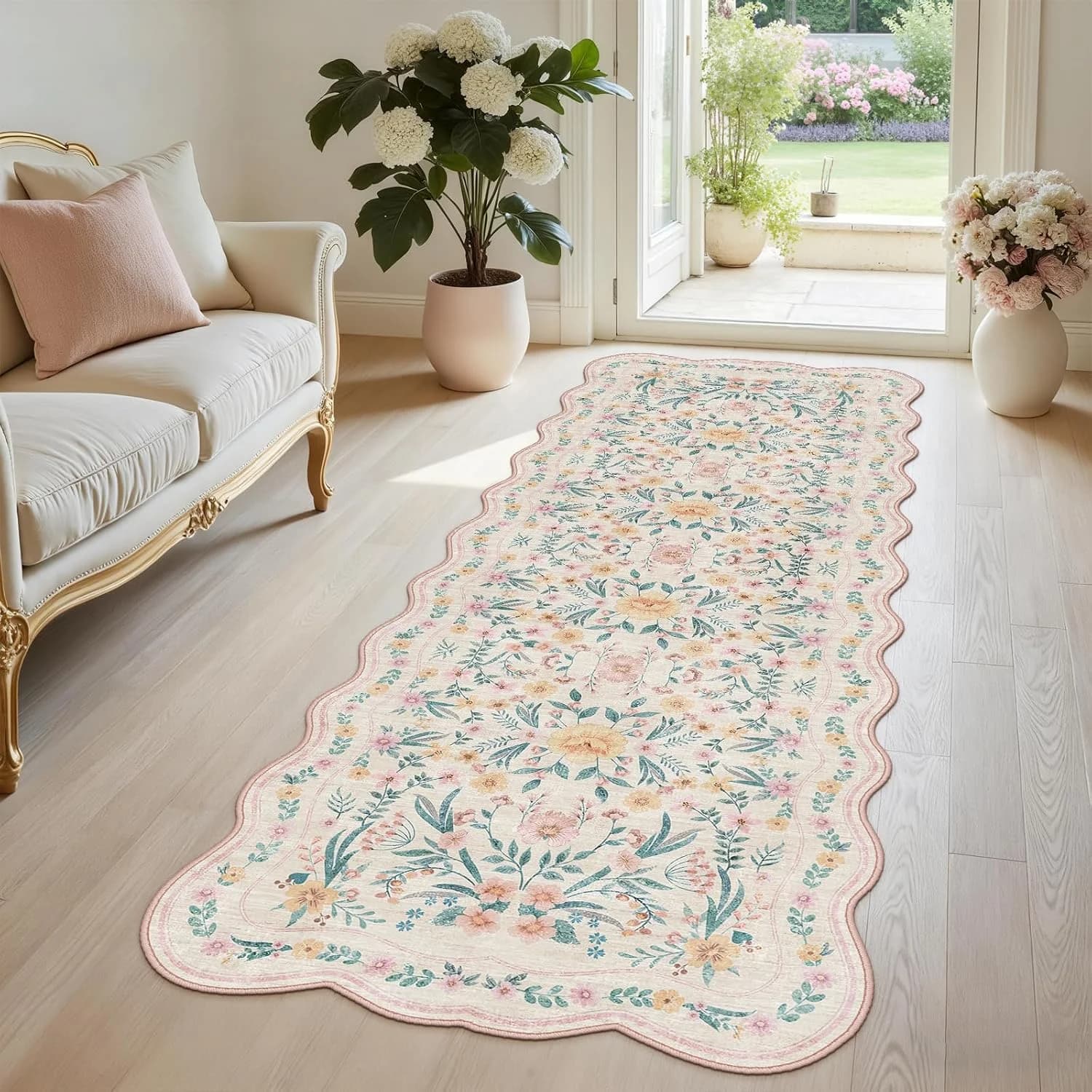 Scalloped Floral Runner Rug 2x6, Pink Washable Non-Slip Boho Hallway Rug, Soft Cute Carpet Runner for Kitchen, Bathroom,
