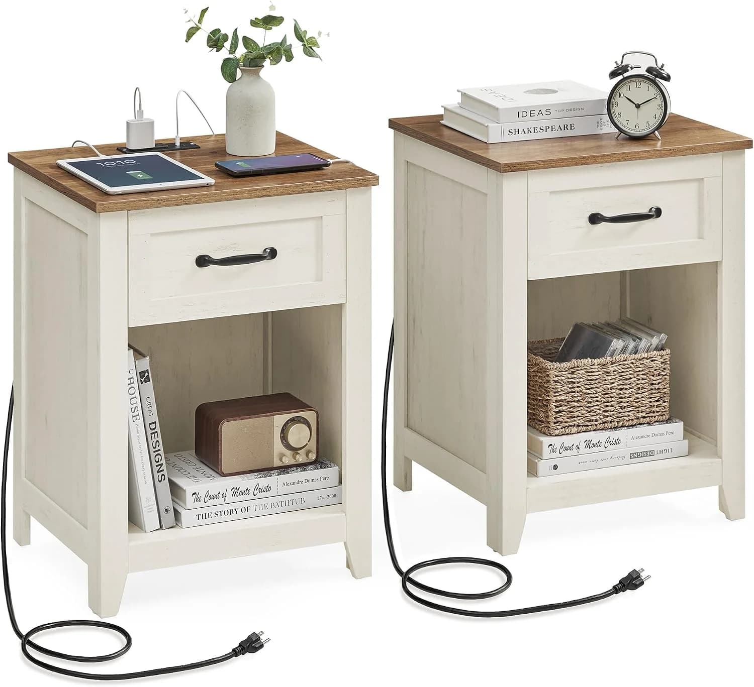 VASAGLE Farmhouse Nightstands with Charging Station, 1 Drawer, Set of 2