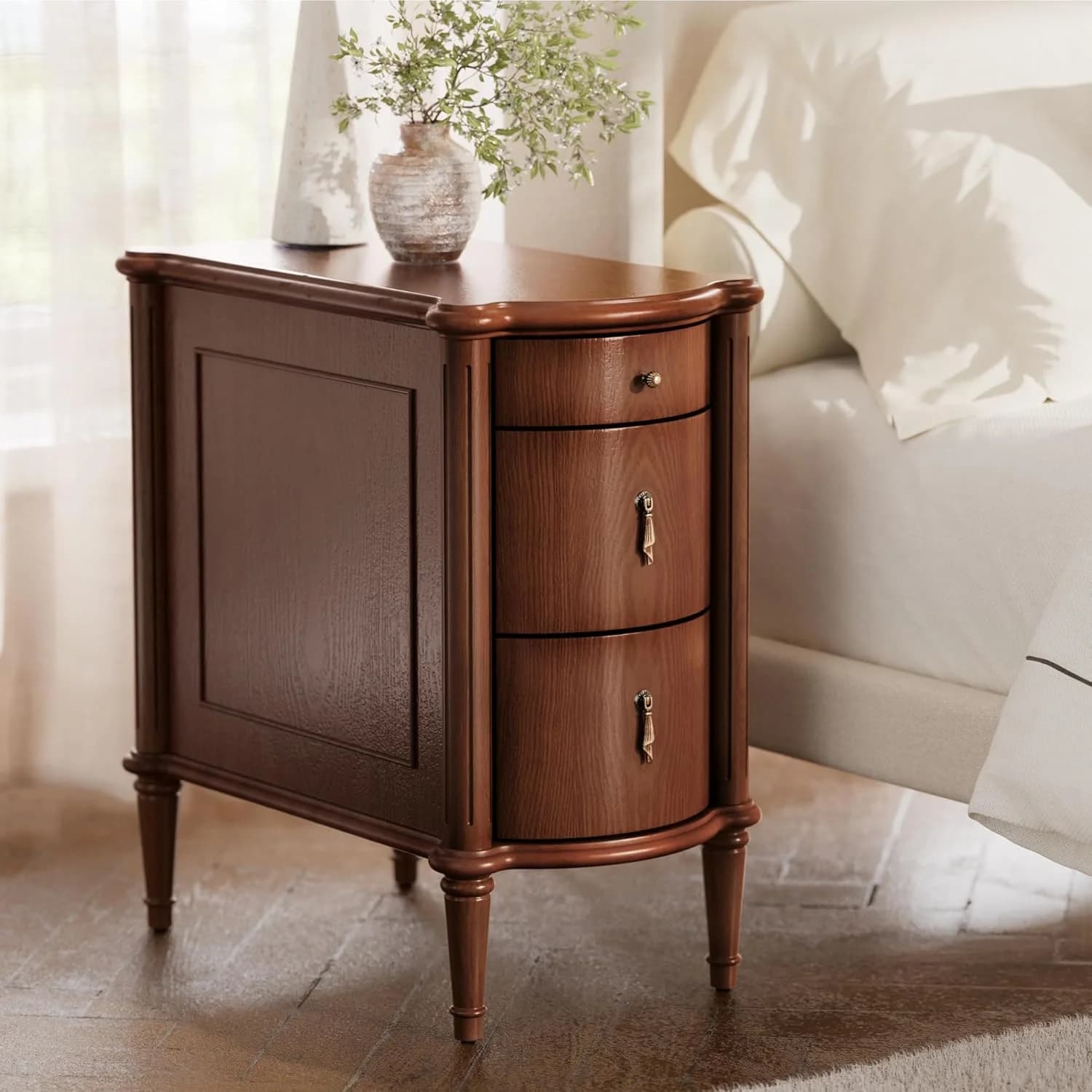 Nightstand w/Charging Station & 3 Drawers, Pre-Assembled, Vintage Side Table w/Antique-Finished Pulls, Rustic Wood Finis