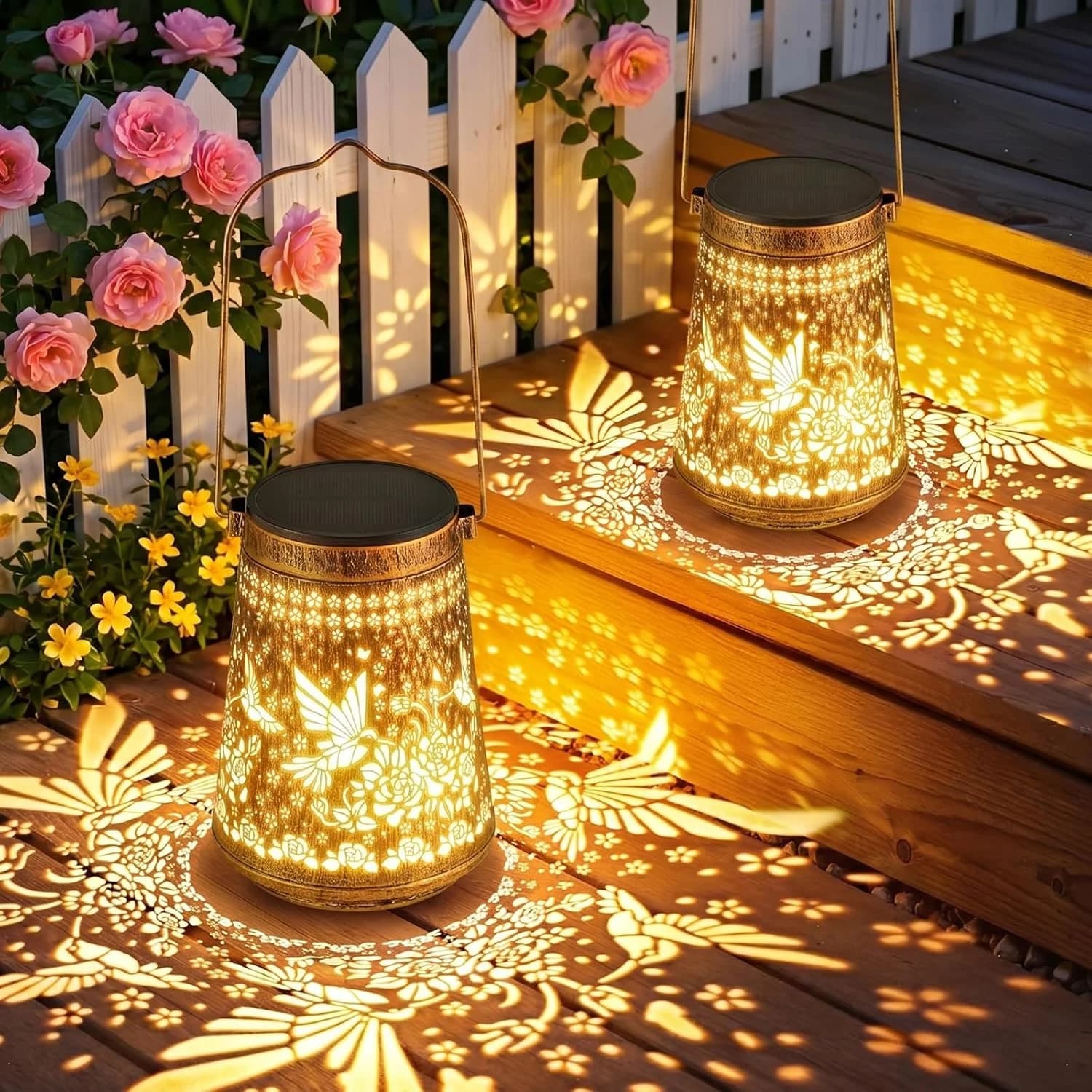 2 Pack Solar Lanterns Outdoor Waterproof Birthday Gifts for Women Mom Grandma, Hollowed-Out Metal Hummingbird Hanging So