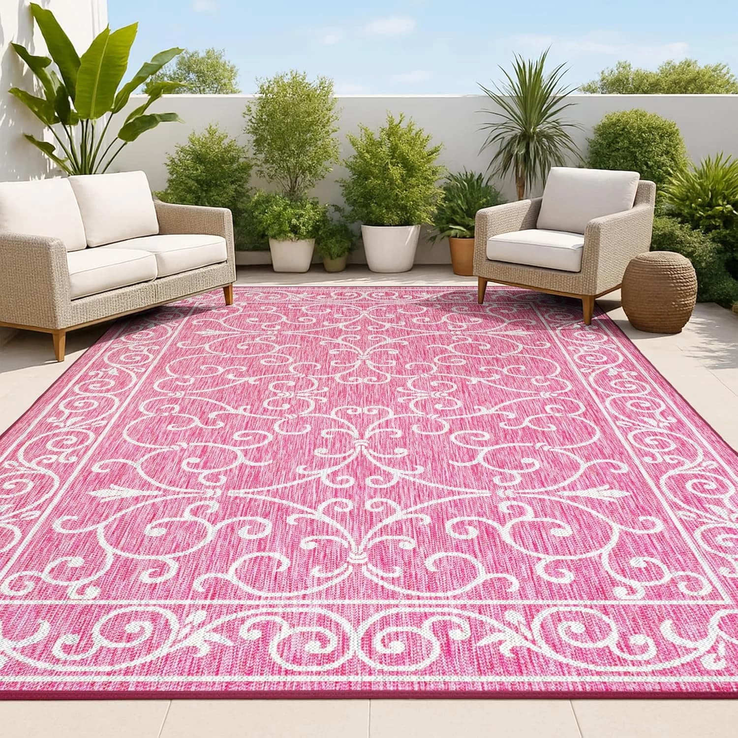 JONATHAN Y Vintage Filigree Indoor Outdoor Area Rug 3X5 Fuchsia/Light Gray, Charleston Textured Weave for Backyard, Pati