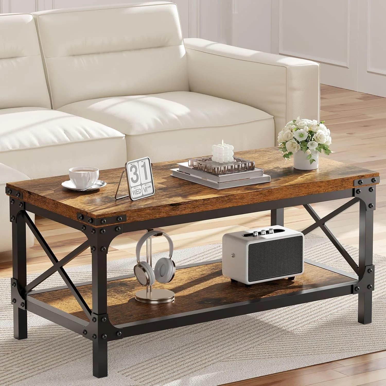 Rectangle Coffee Tables for Living Room, Wood Rectangular Coffee Table, 2 Tier Industrial Modern Center Table with Thick