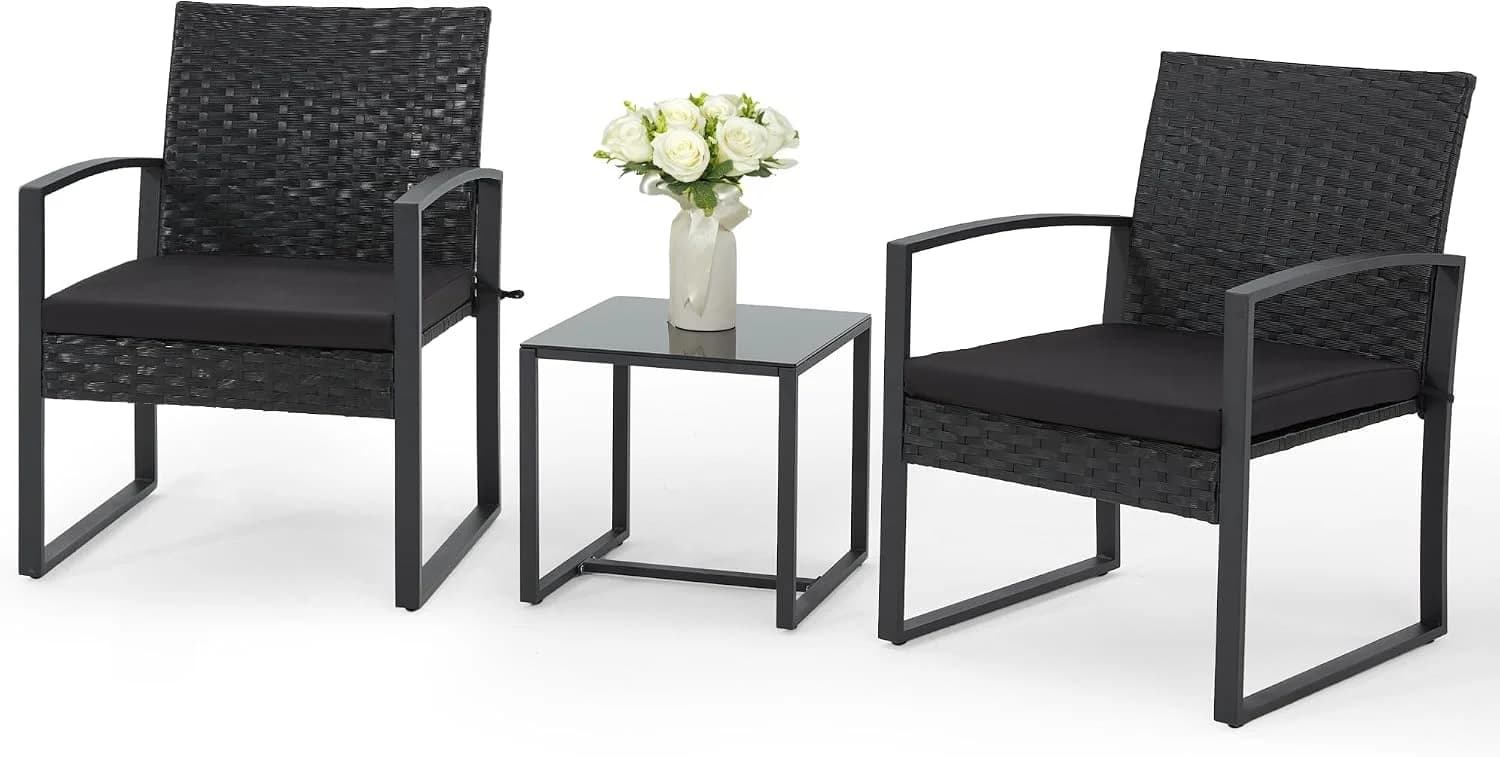 Bezseller 3-Piece Patio Furniture Set, Wicker Bistro Set, Black