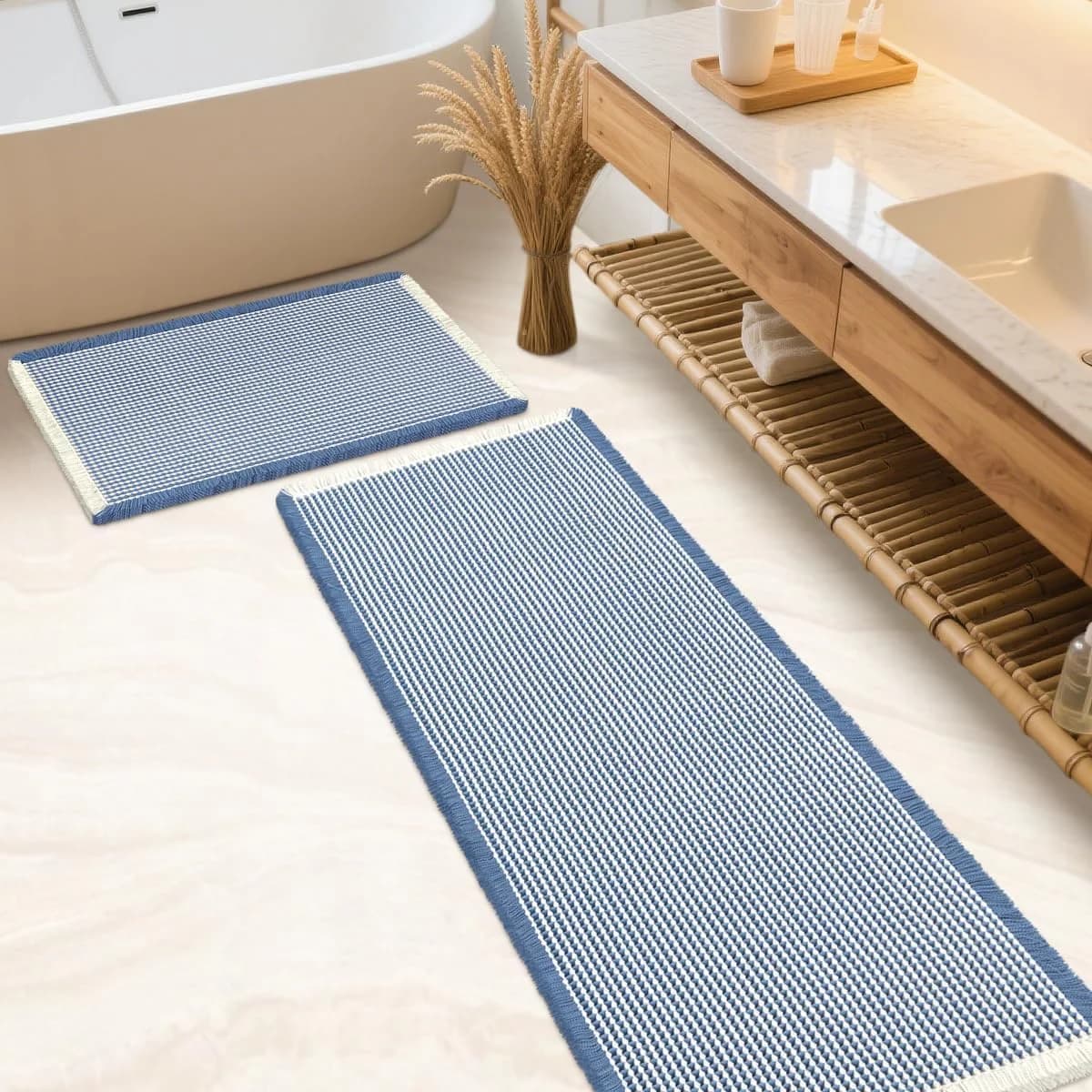 IM HOME Waffle Bath Mat Set 2 Piece Blue & Cream,Woven Modern Bath Rug Mats, Absorbent Non Slip Bath Floor Mat, Soft Was