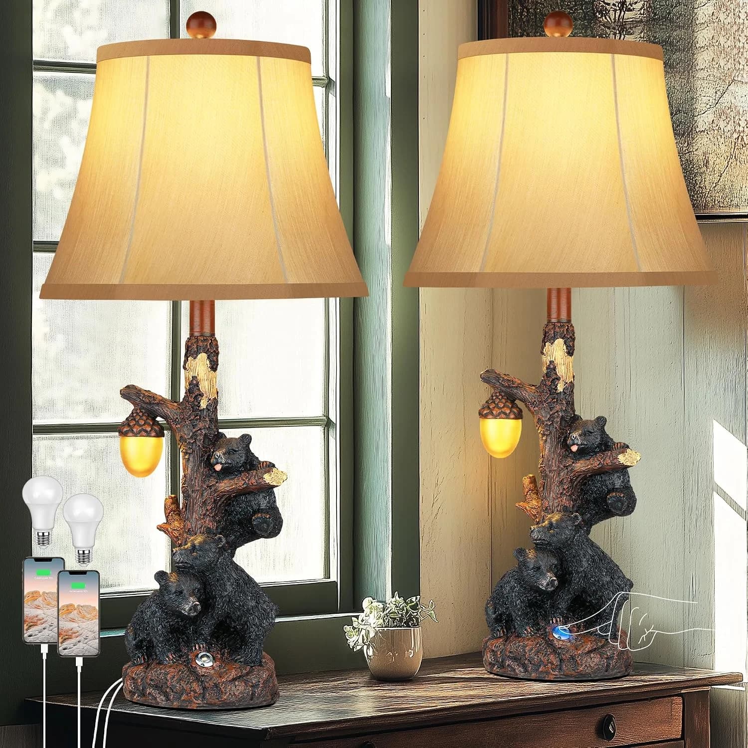 Set of 2 Bear Bedside Table Lamps for Bedroom with Nightlight & USB A+C,Touch Accent Cottage Table Lamps for Living Room